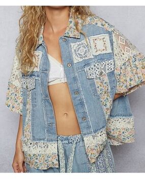 POL Patchwork Denim Floral Lace Button-Up Jacket - Light Blue, Cream, Yellow
